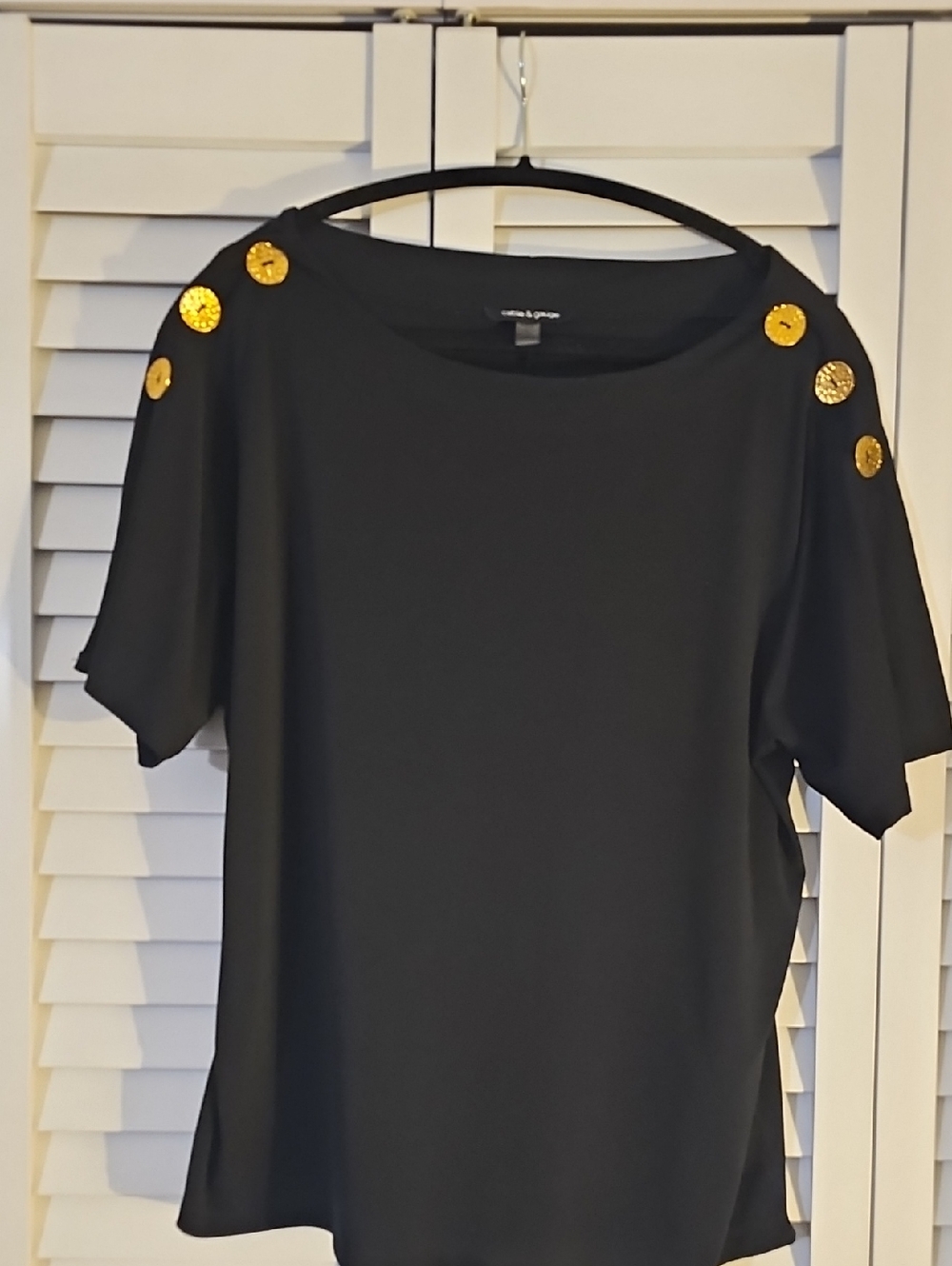 Cable & GaugeBlack Short Sleeve Top with Gold Sequin Buttons